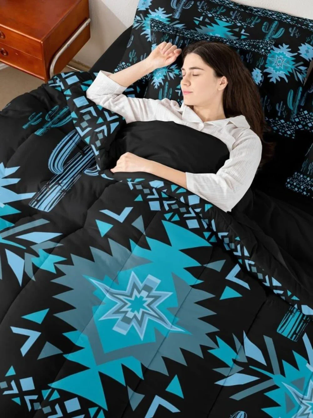 Black Southwestern Aztec Comforter Set with Sheets for Kids Boys Girls Geometric